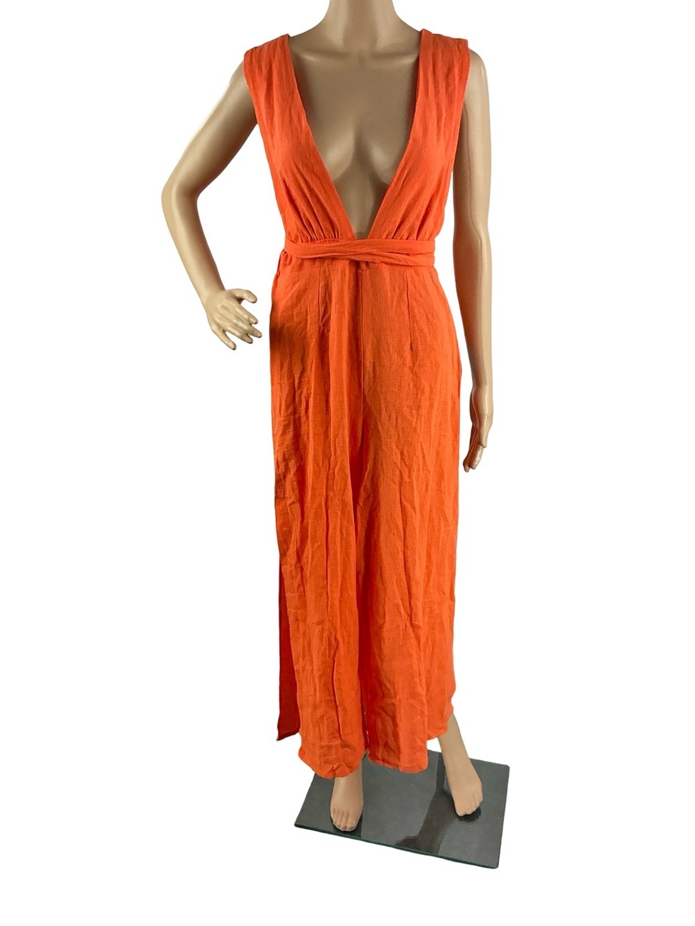 WET Vermillion Orange Plunge Neck Jumpsuit Linen Blend XS